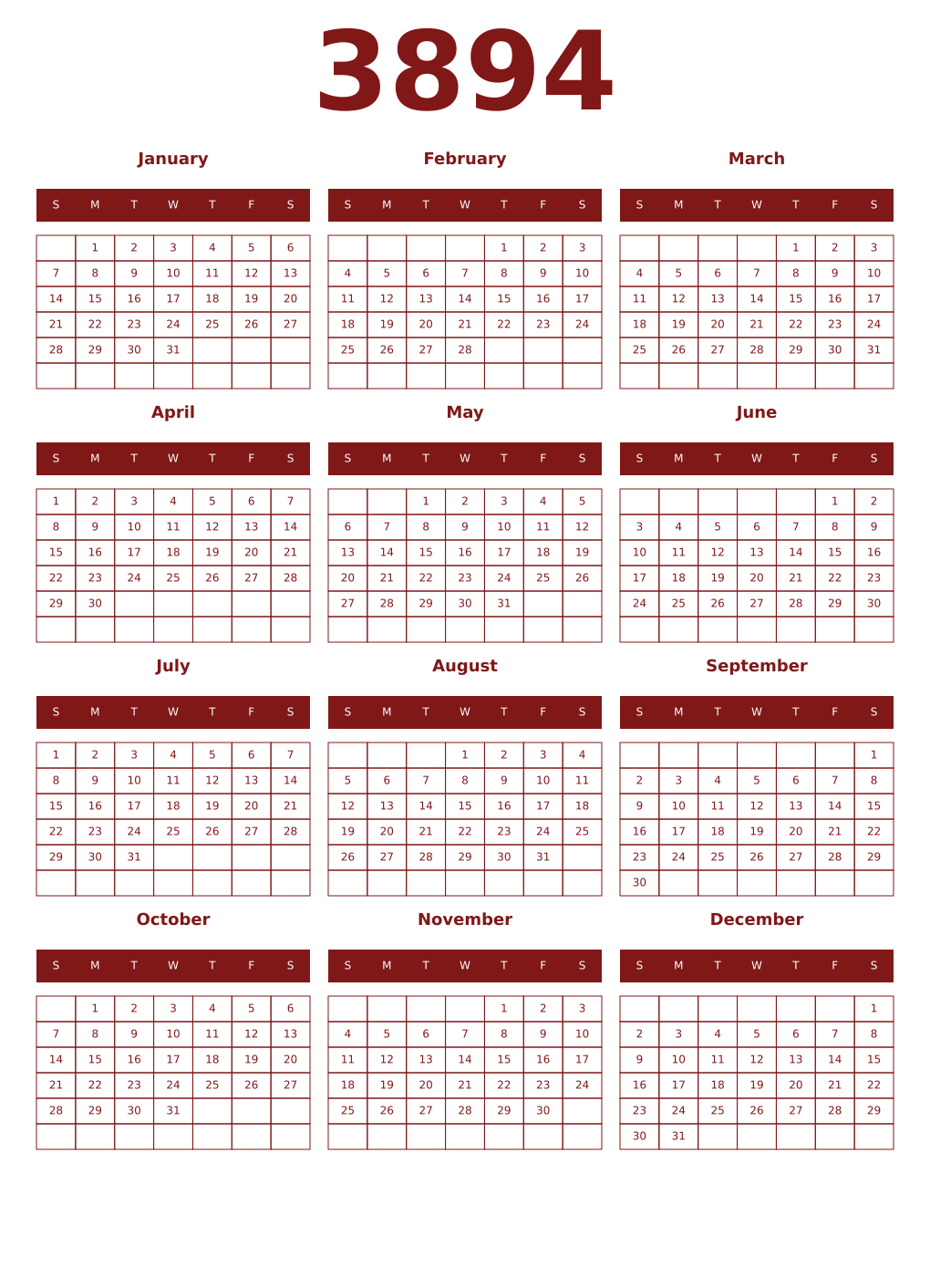 Printable 3894 Year Calendars falu