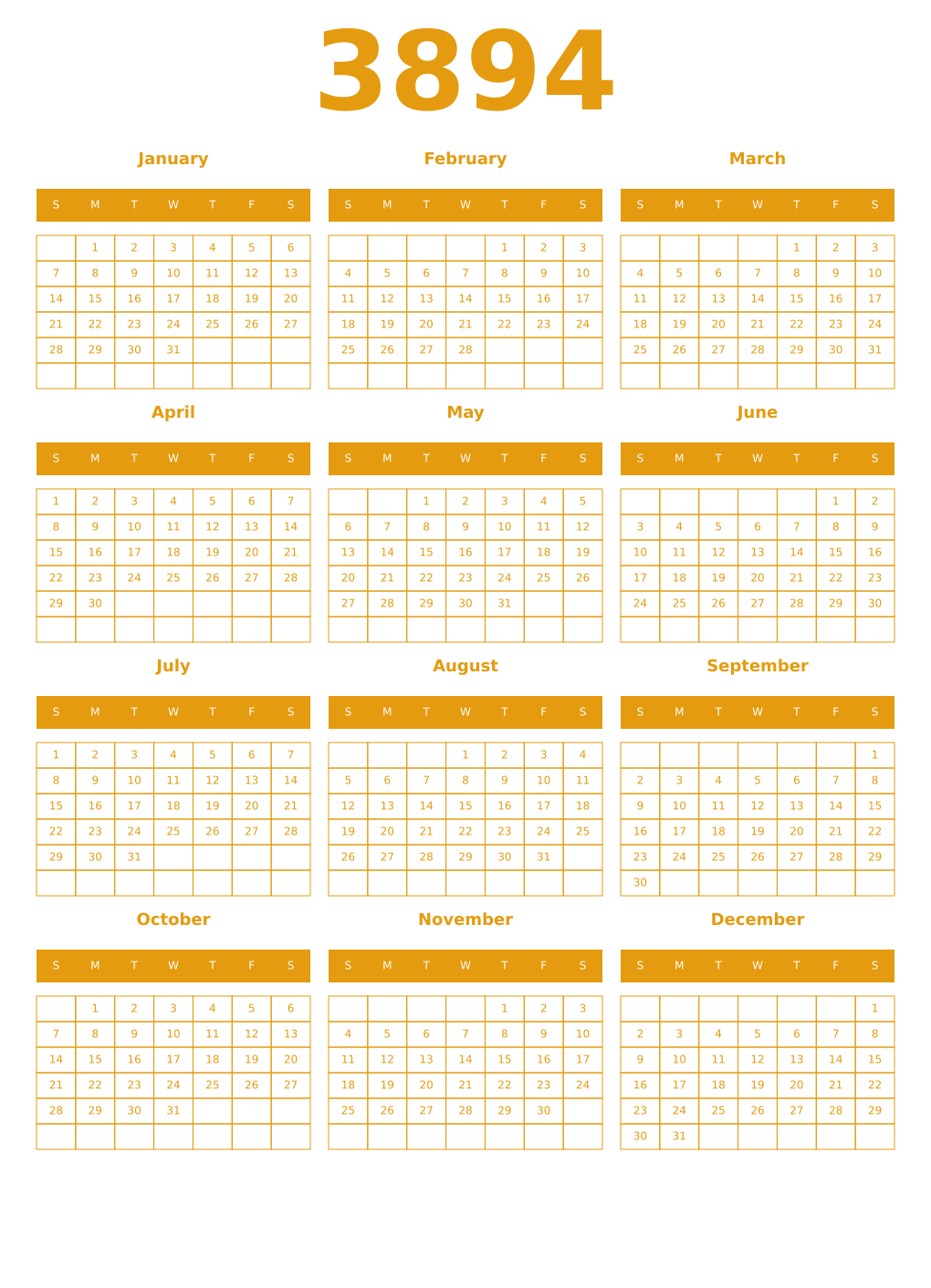 Printable 3894 Year Calendars gamboge