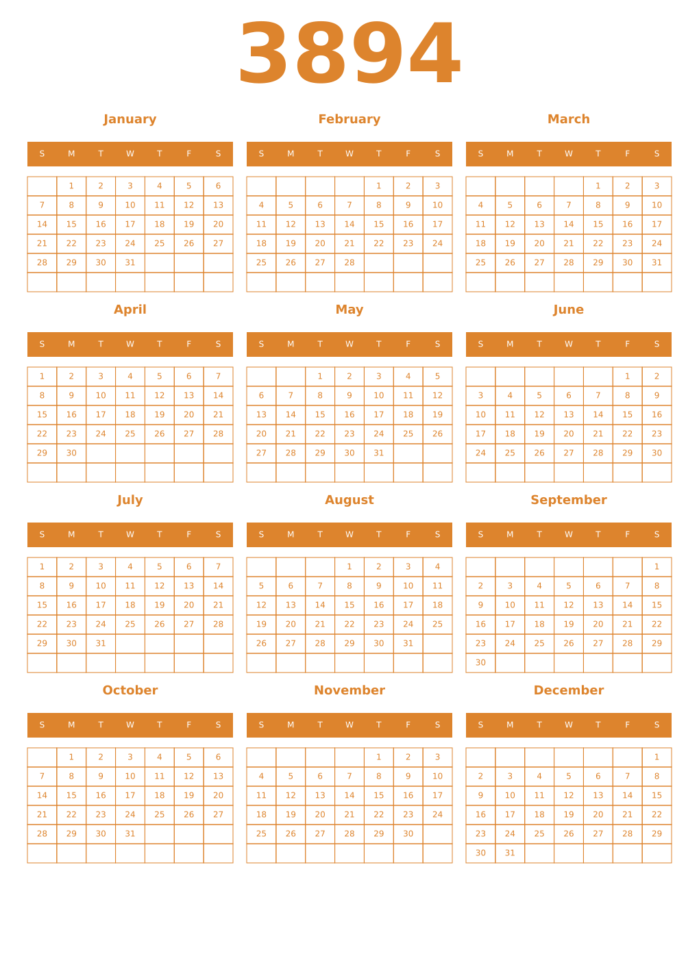 Printable 3894 Year Calendars orange