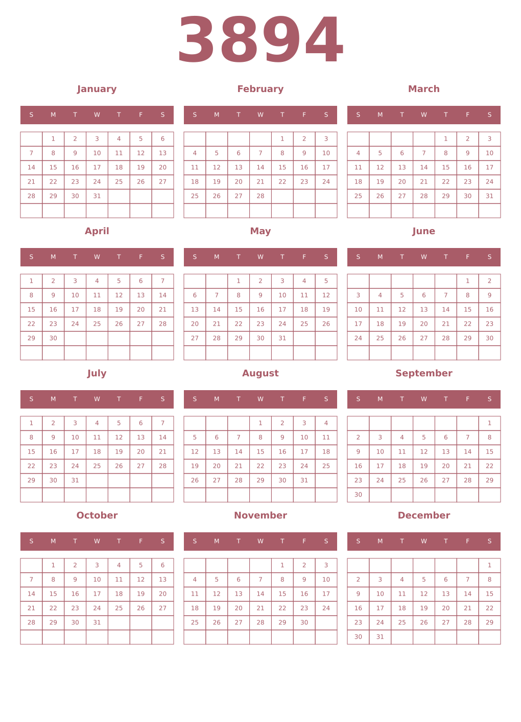 Printable 3894 Year Calendars puce