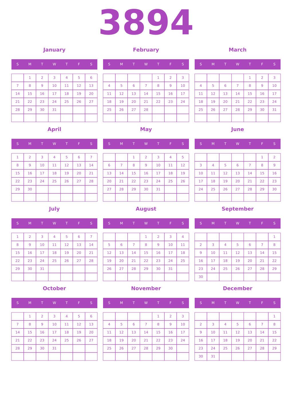 Printable 3894 Year Calendars purple