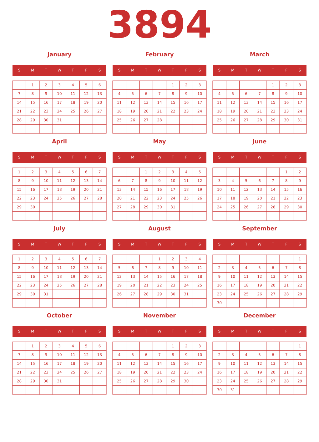 Printable 3894 Year Calendars red