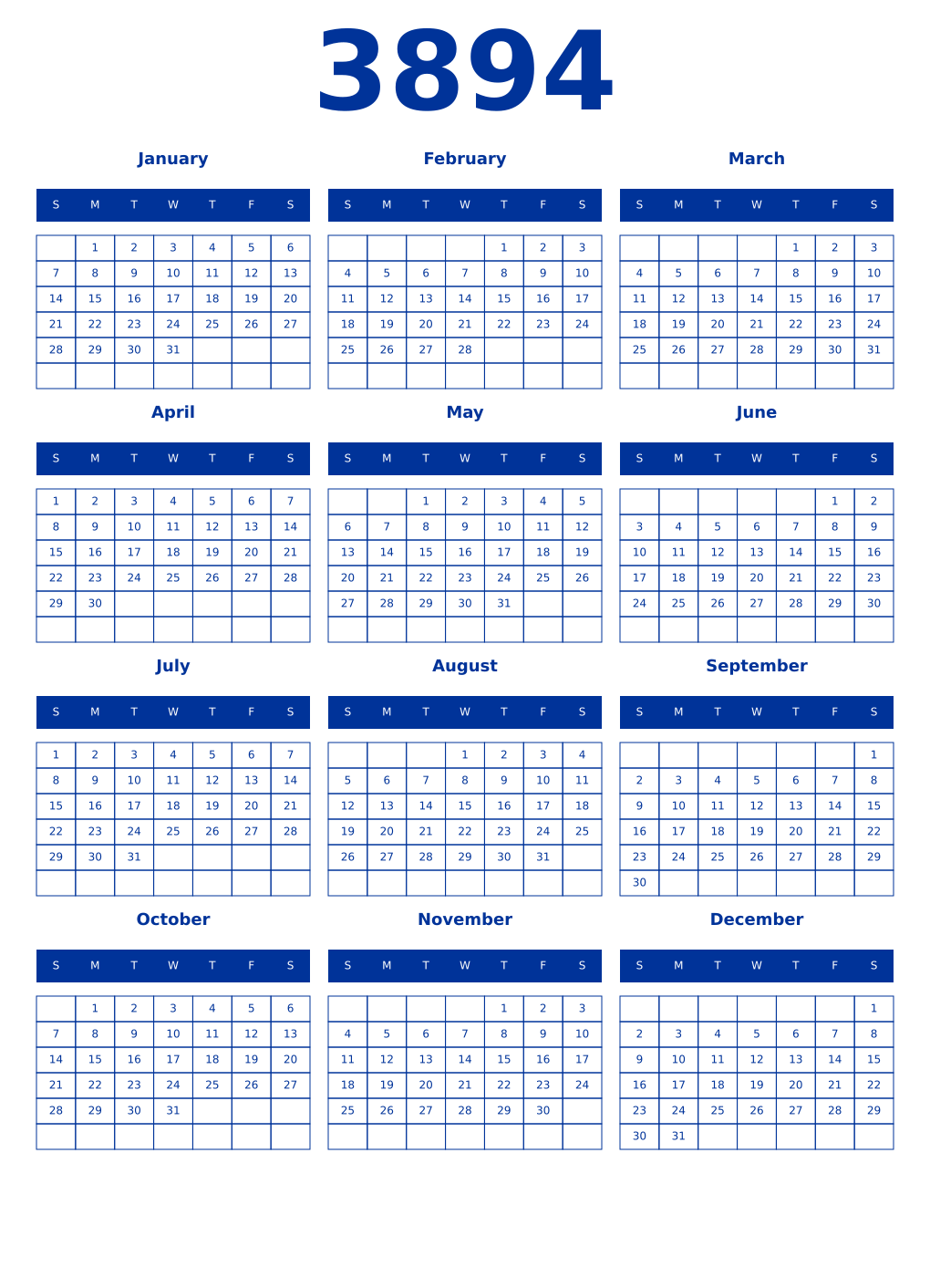 Printable 3894 Year Calendars smalt