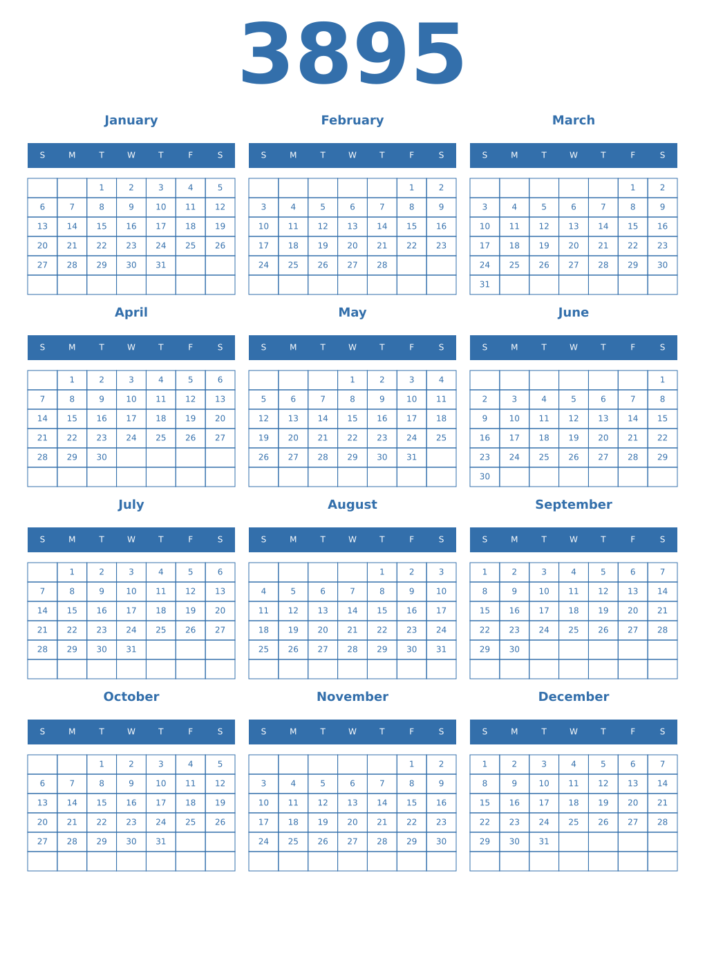 Printable 3895 Year Calendars blue