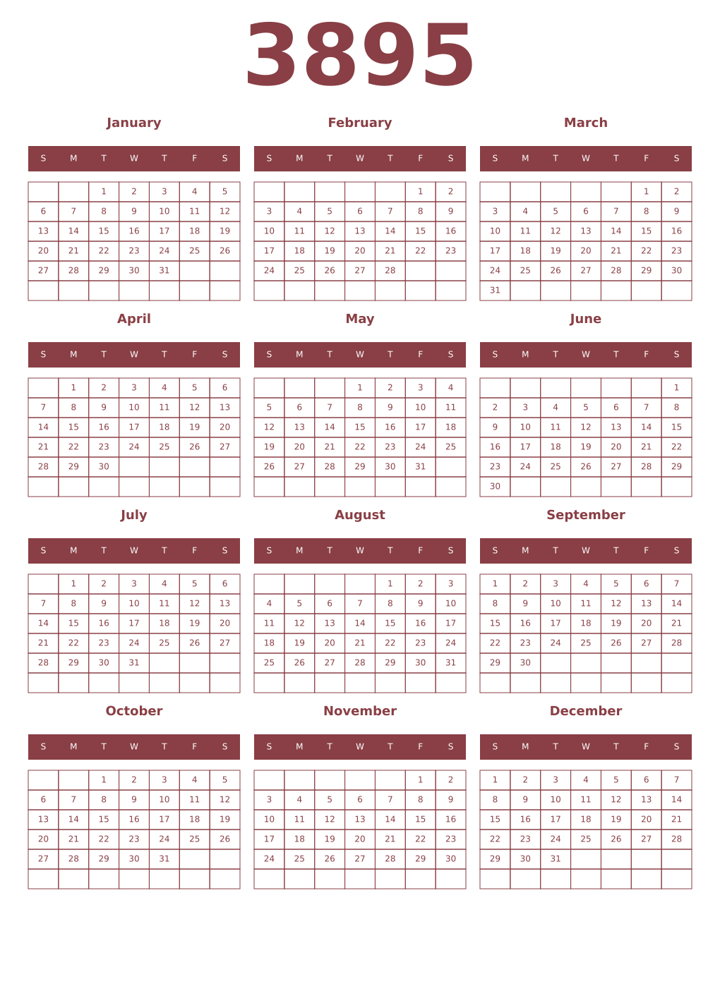 Printable 3895 Year Calendars cordovan