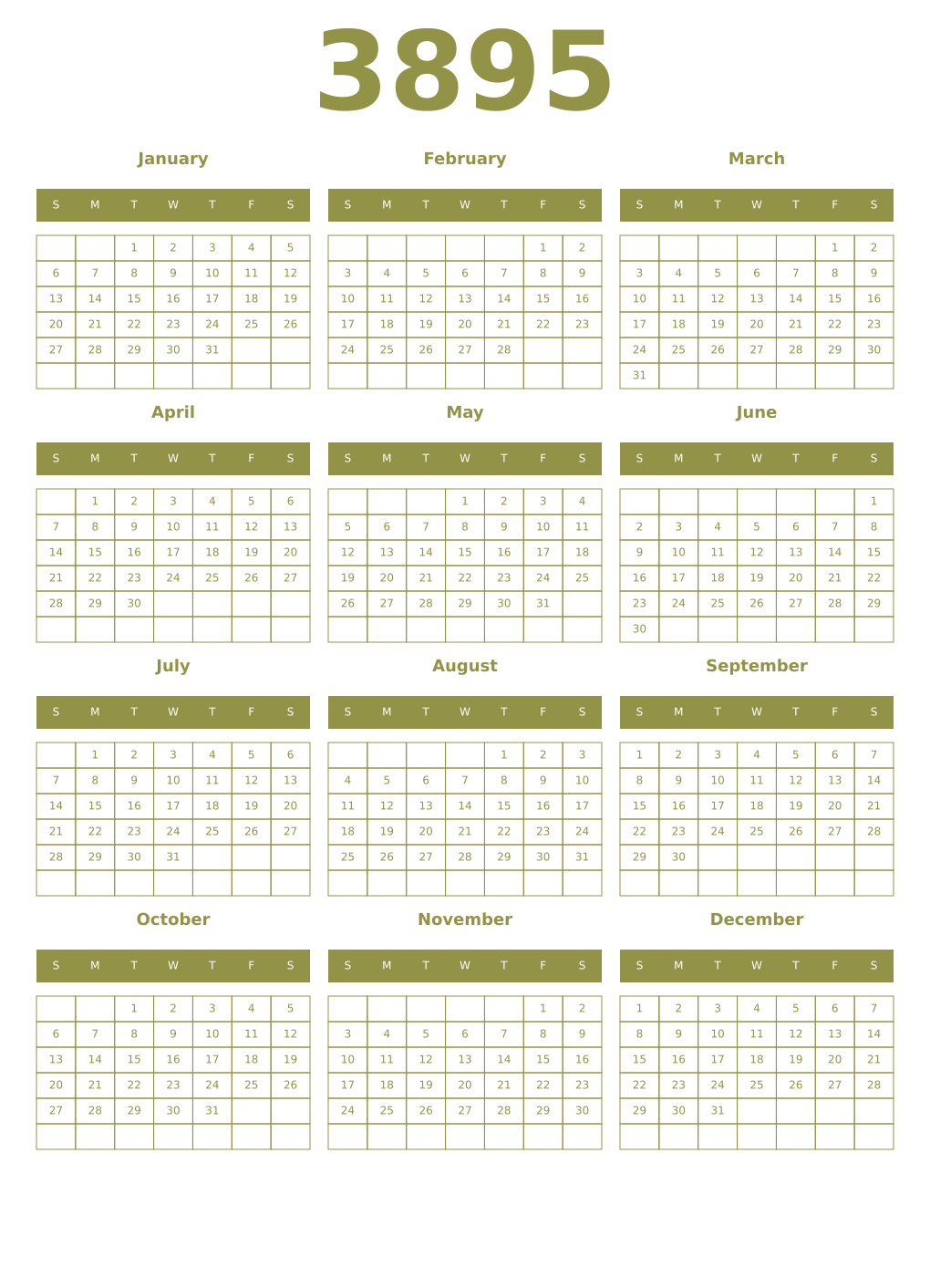 Printable 3895 Year Calendars eburnean