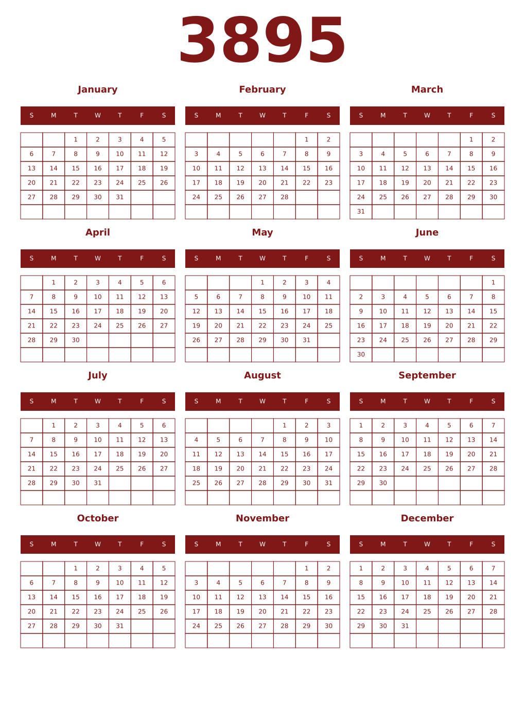 Printable 3895 Year Calendars falu