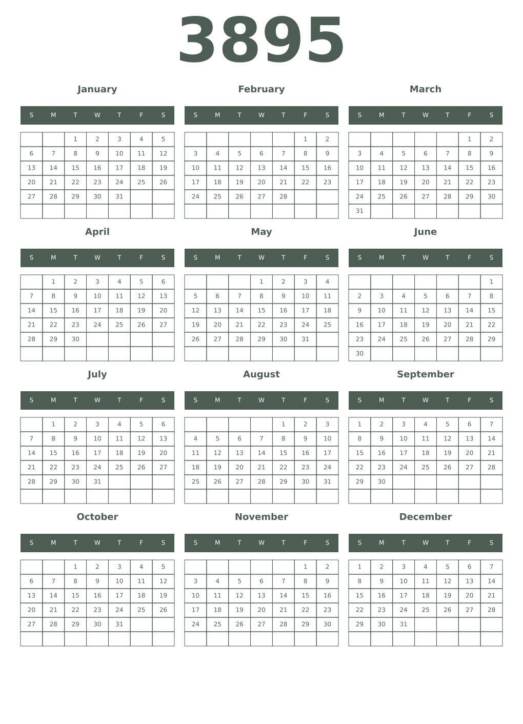 Printable 3895 Year Calendars feldgrau