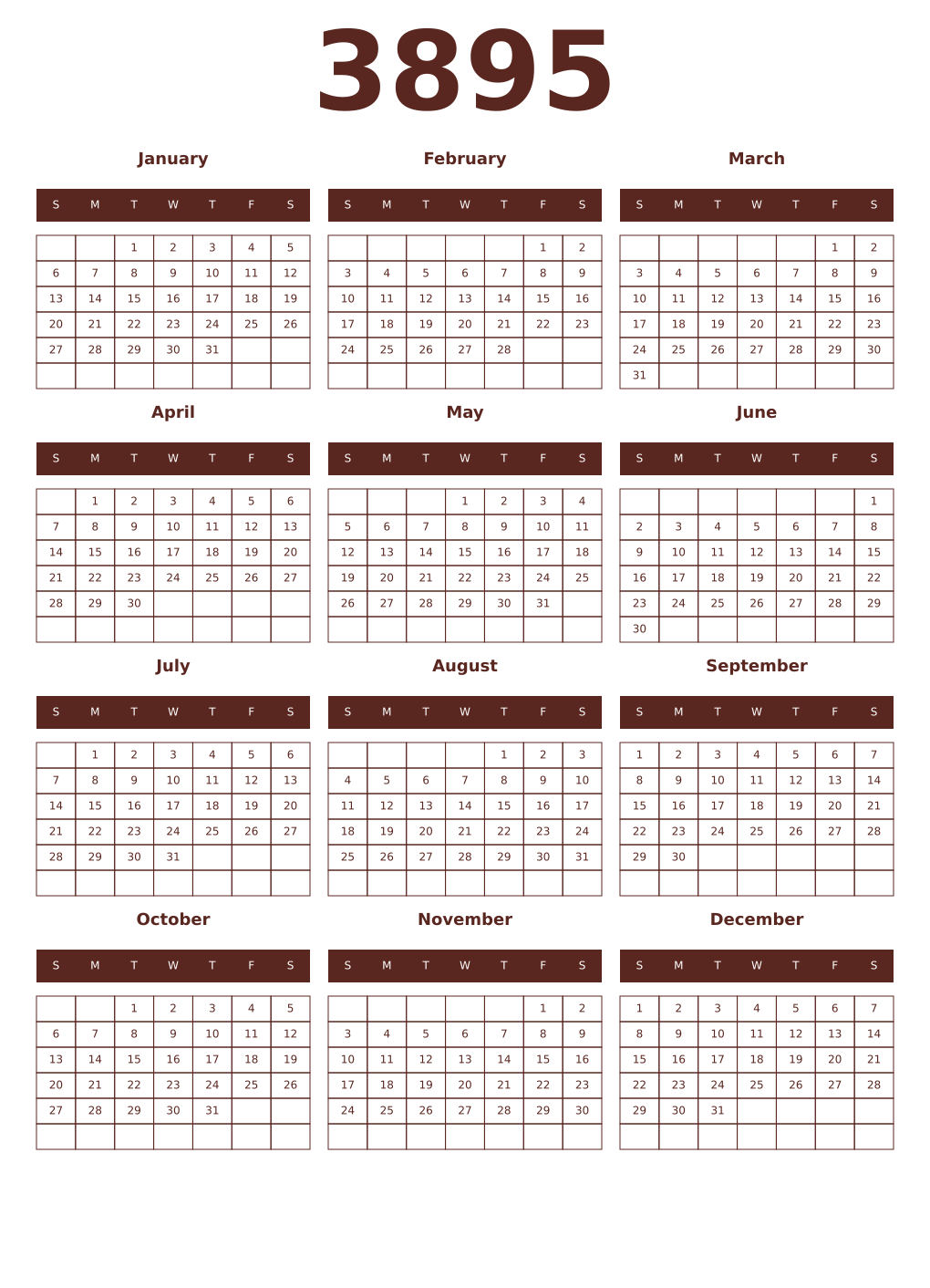 Printable 3895 Year Calendars mortuum