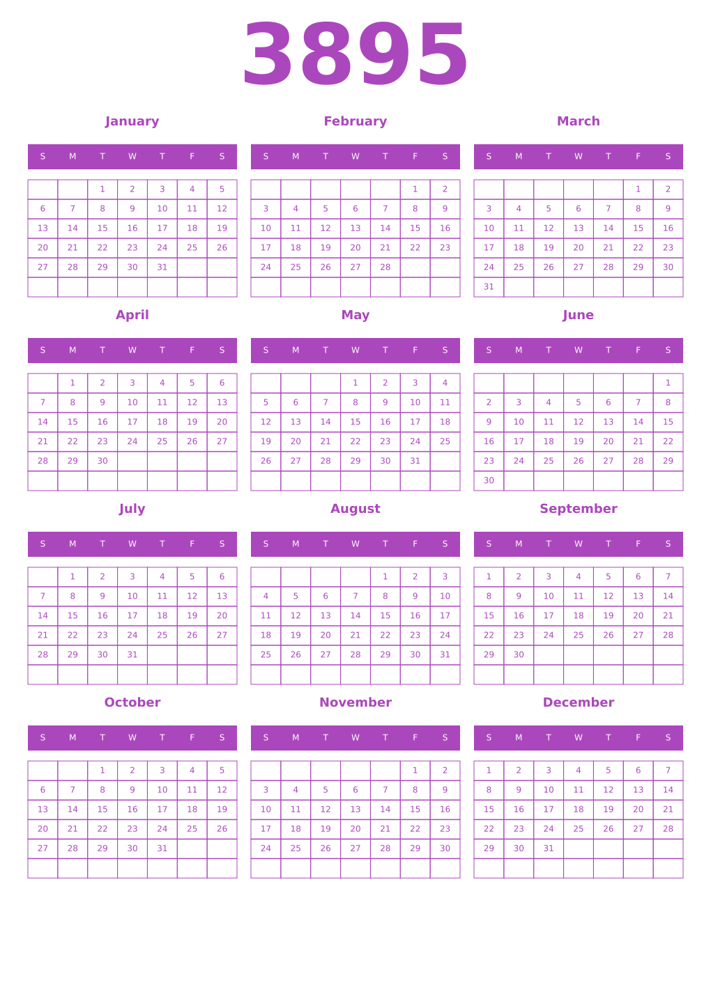 Printable 3895 Year Calendars purple