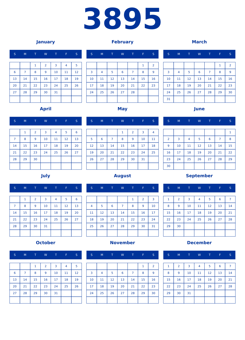 Printable 3895 Year Calendars smalt