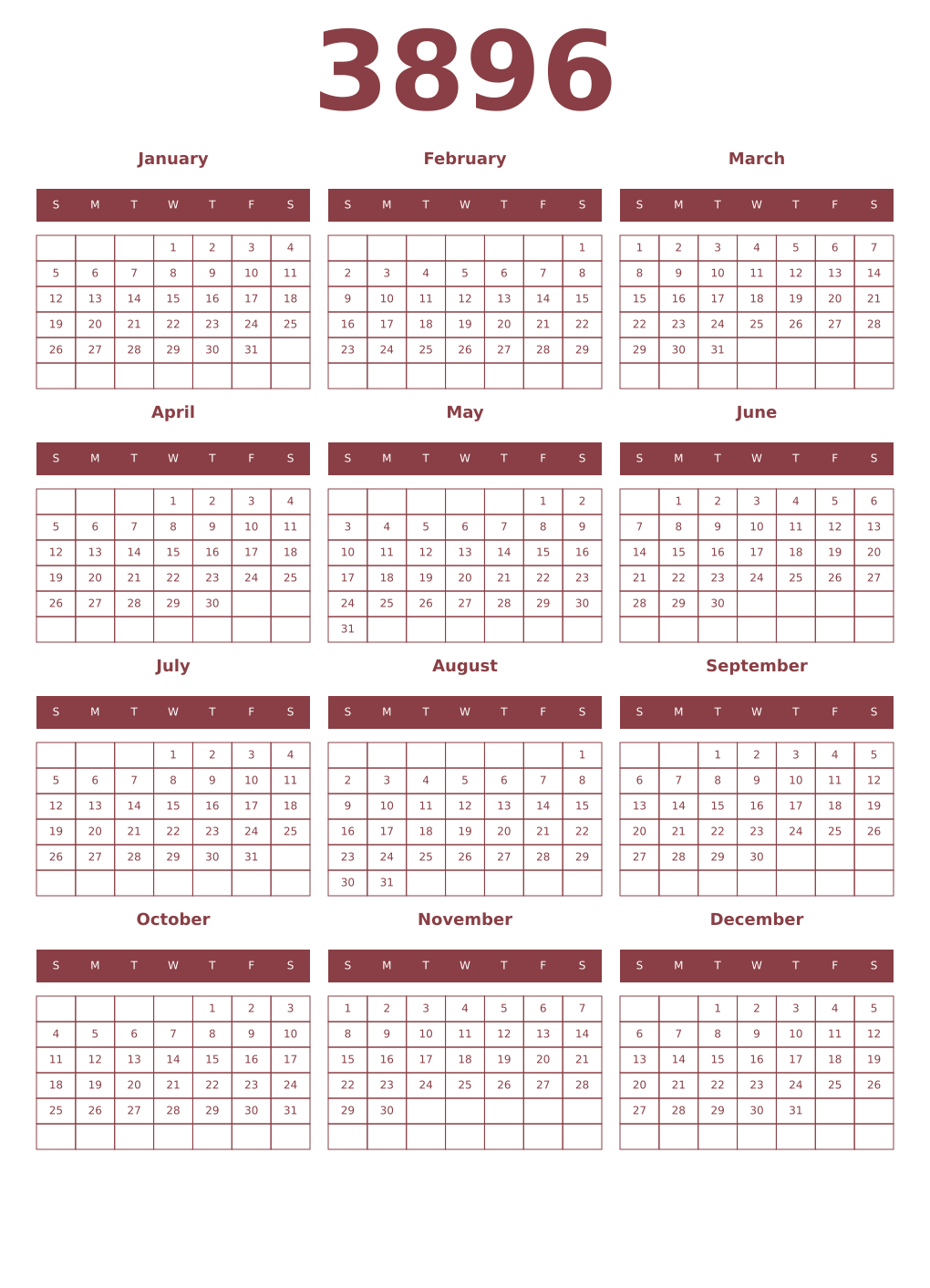 Printable 3896 Year Calendars cordovan