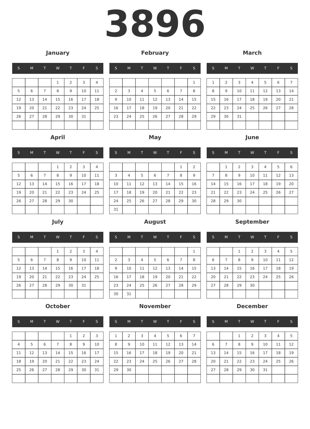 Printable 3896 Year Calendars dark