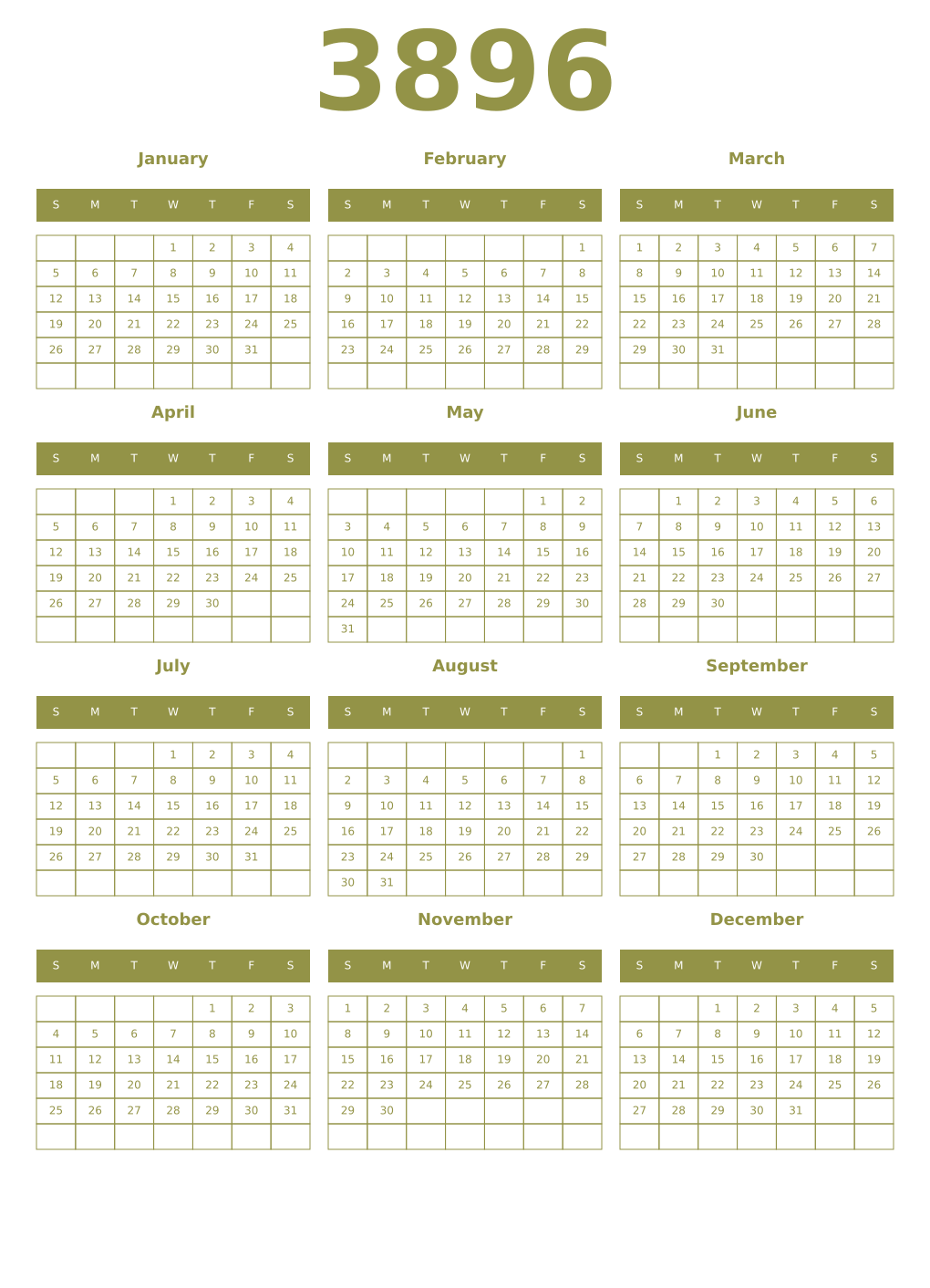 Printable 3896 Year Calendars eburnean