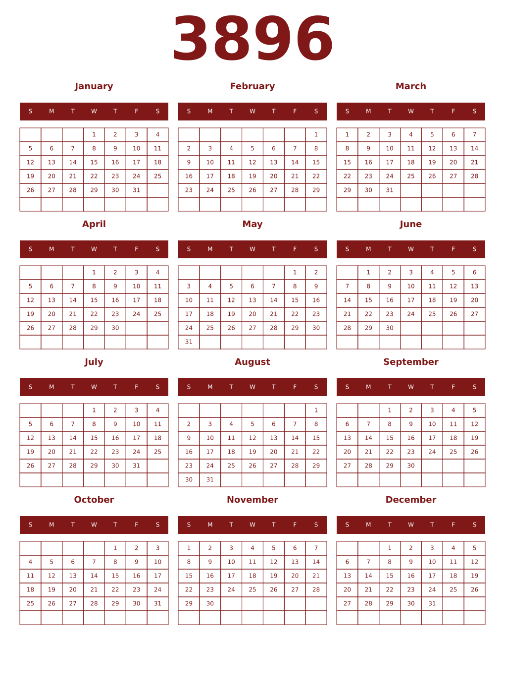 Printable 3896 Year Calendars falu