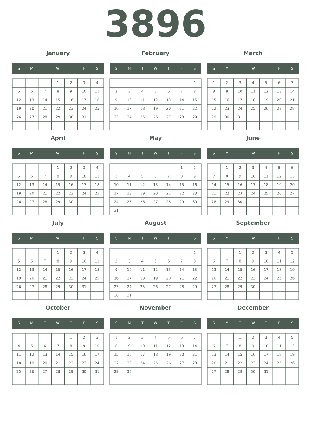 Printable 3896 Year Calendars feldgrau