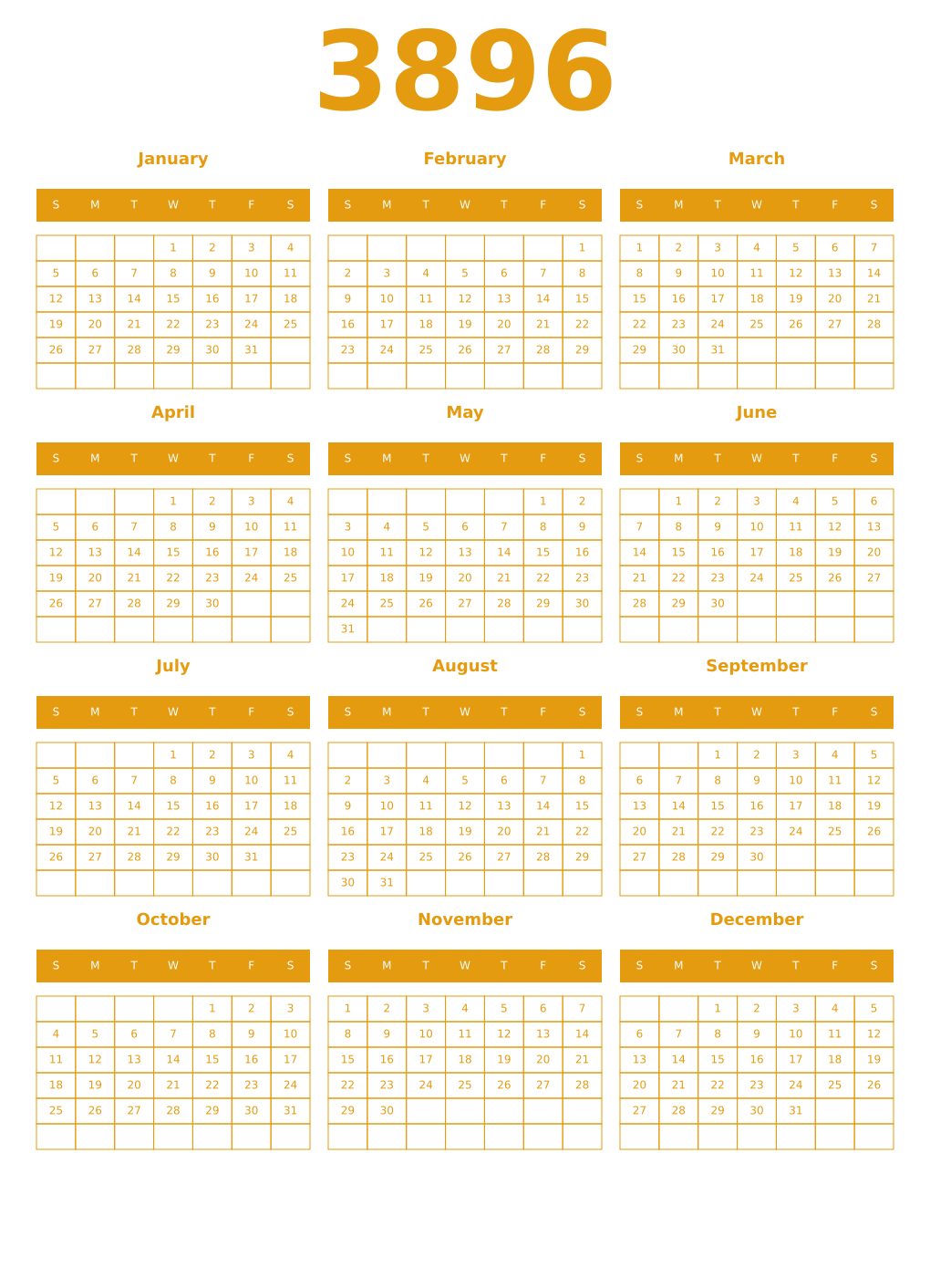 Printable 3896 Year Calendars gamboge