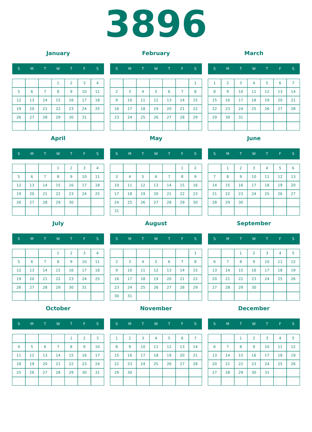 Printable 3896 Year Calendars pastel