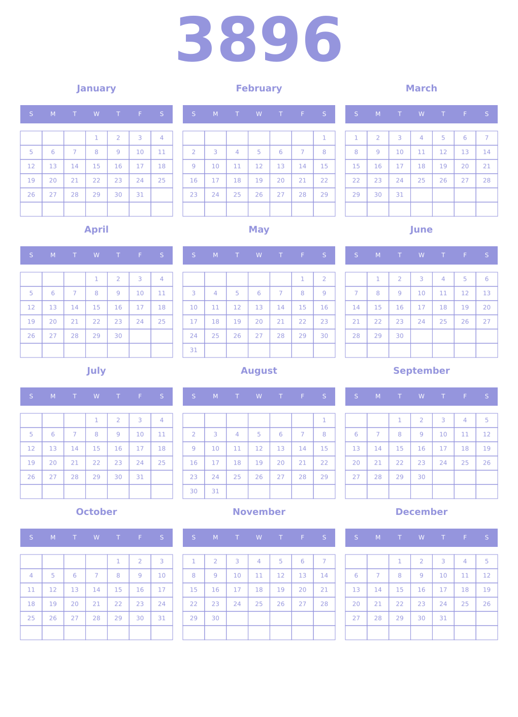 Printable 3896 Year Calendars periwinkle