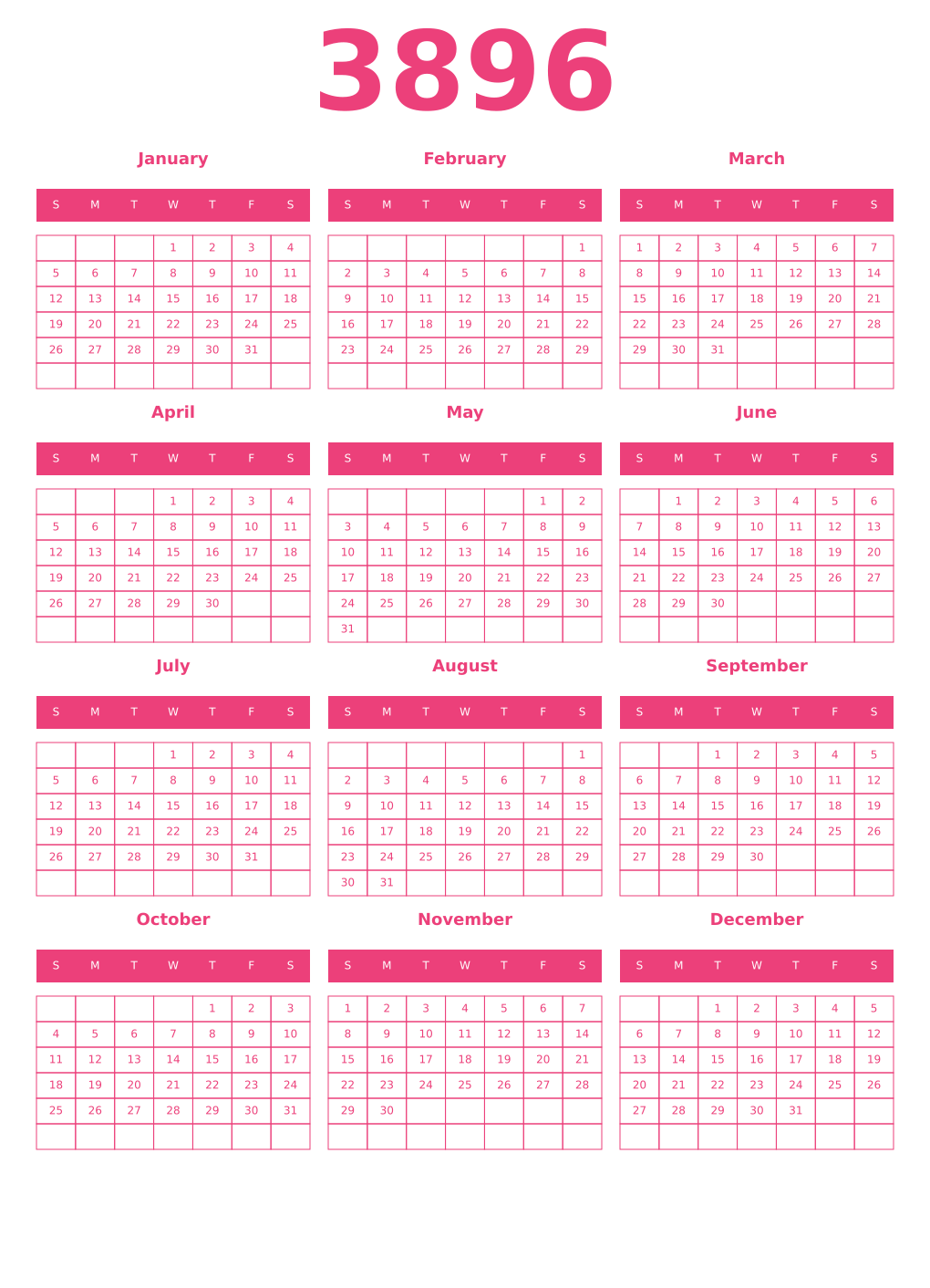 Printable 3896 Year Calendars pink