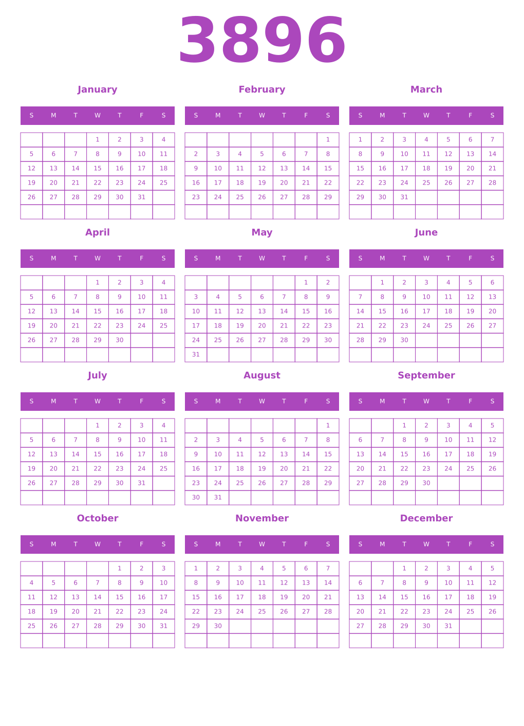 Printable 3896 Year Calendars purple