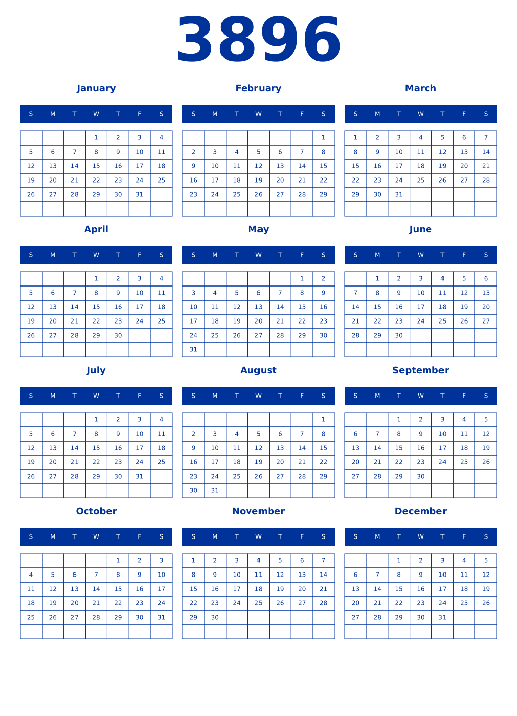 Printable 3896 Year Calendars smalt