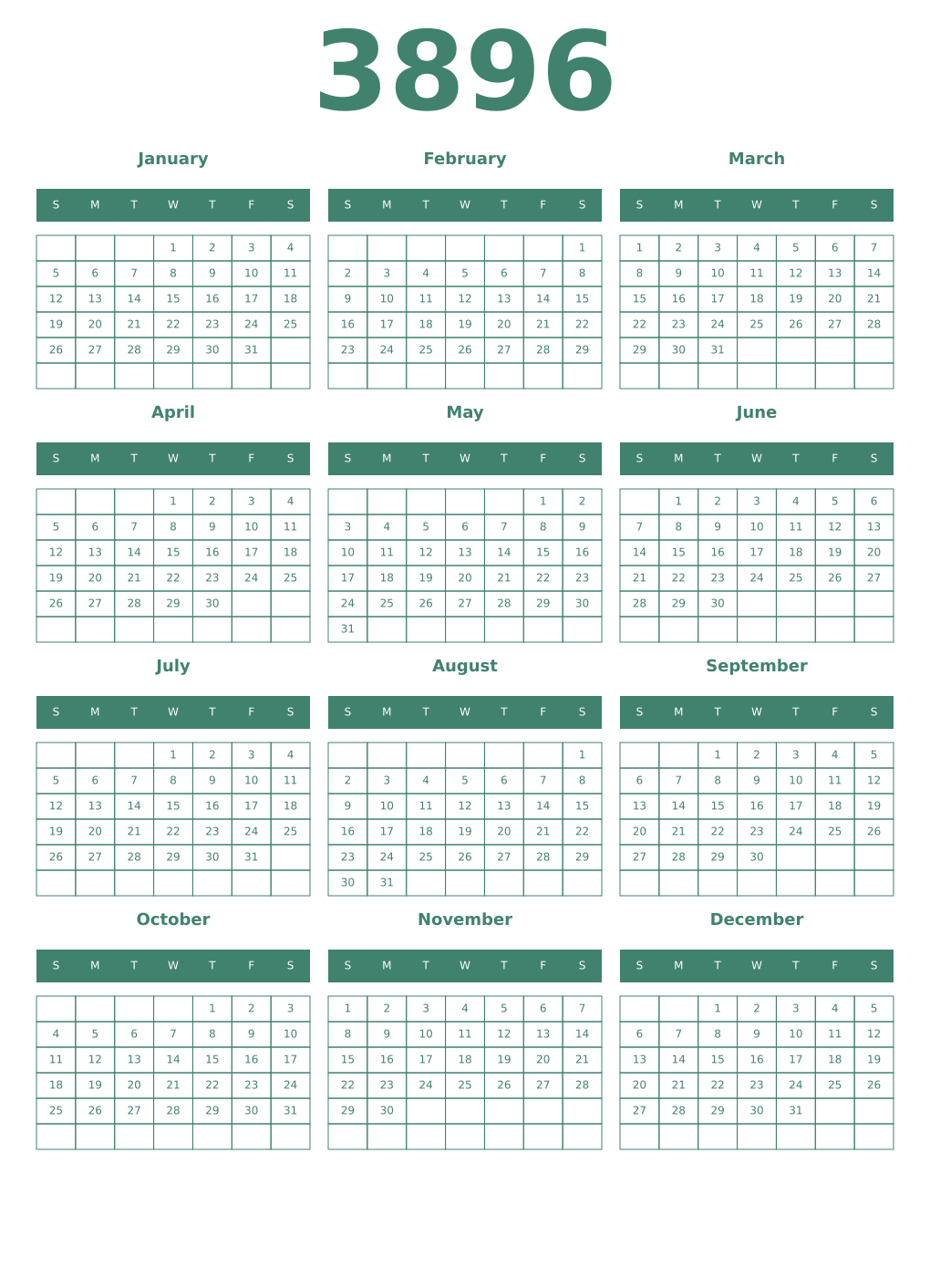 Printable 3896 Year Calendars viridian