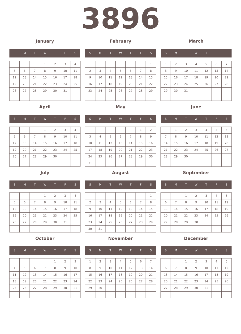 Printable 3896 Year Calendars wenge