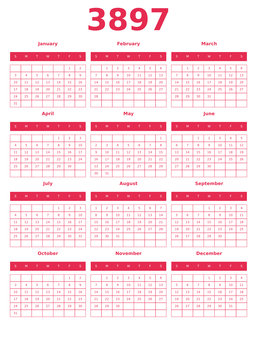 Printable 3897 Year Calendars amaranth