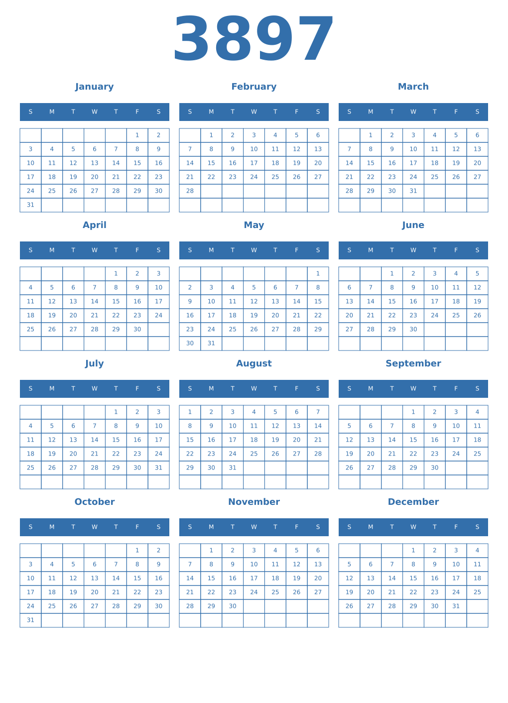 Printable 3897 Year Calendars blue