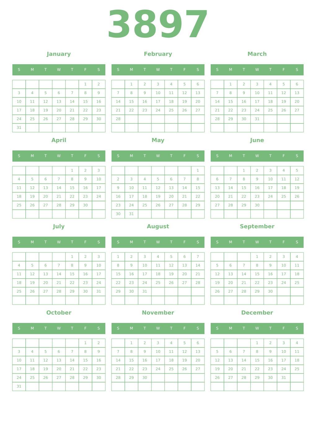 Printable 3897 Year Calendars celadon