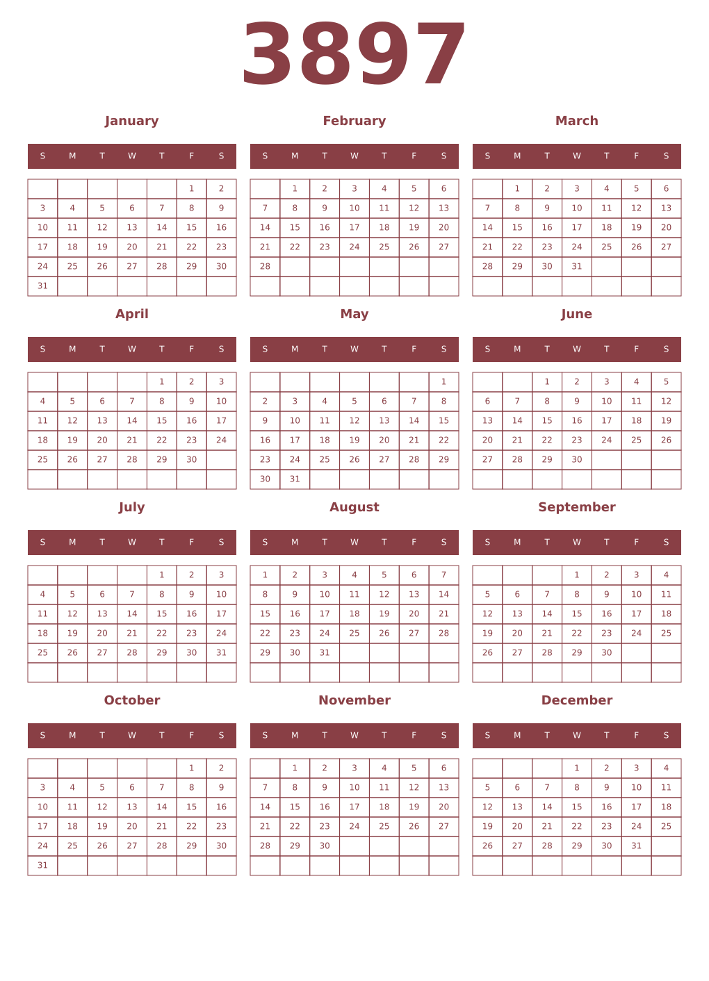 Printable 3897 Year Calendars cordovan