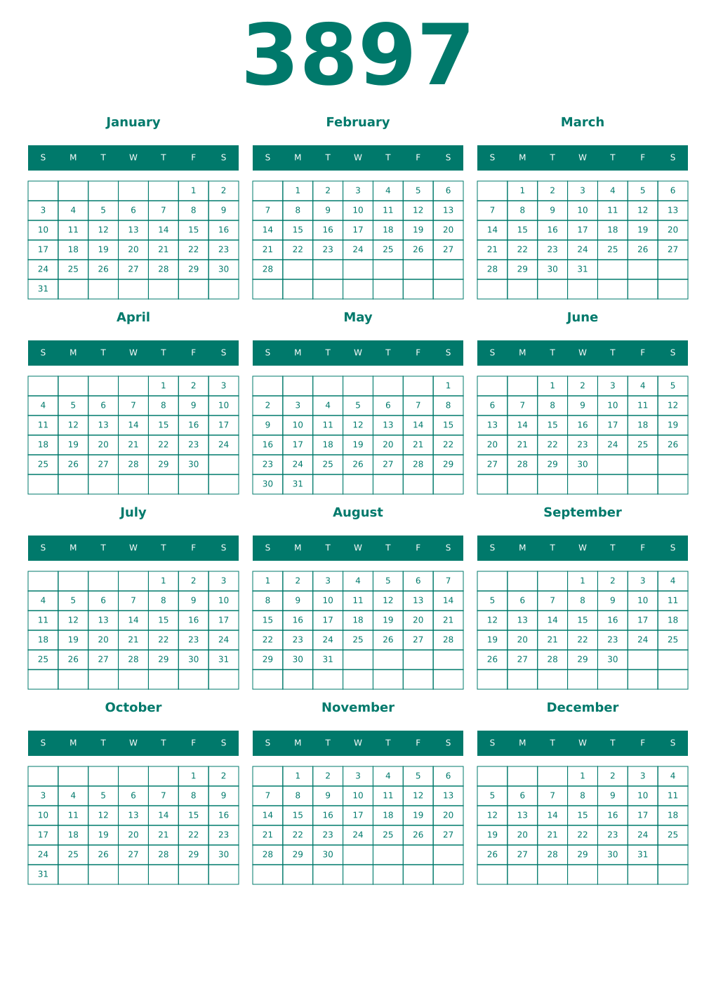 Printable 3897 Year Calendars pastel