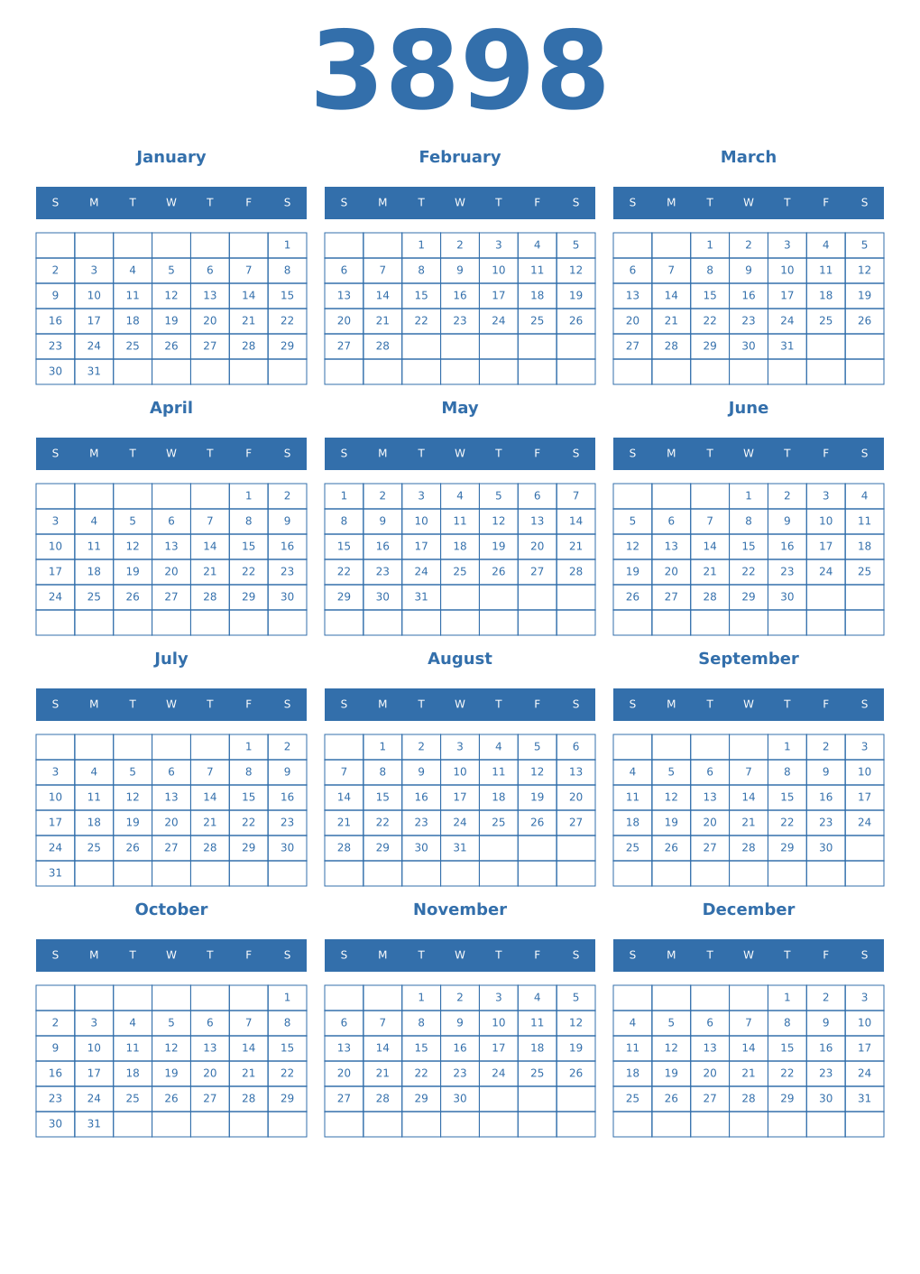 Printable 3898 Year Calendars blue