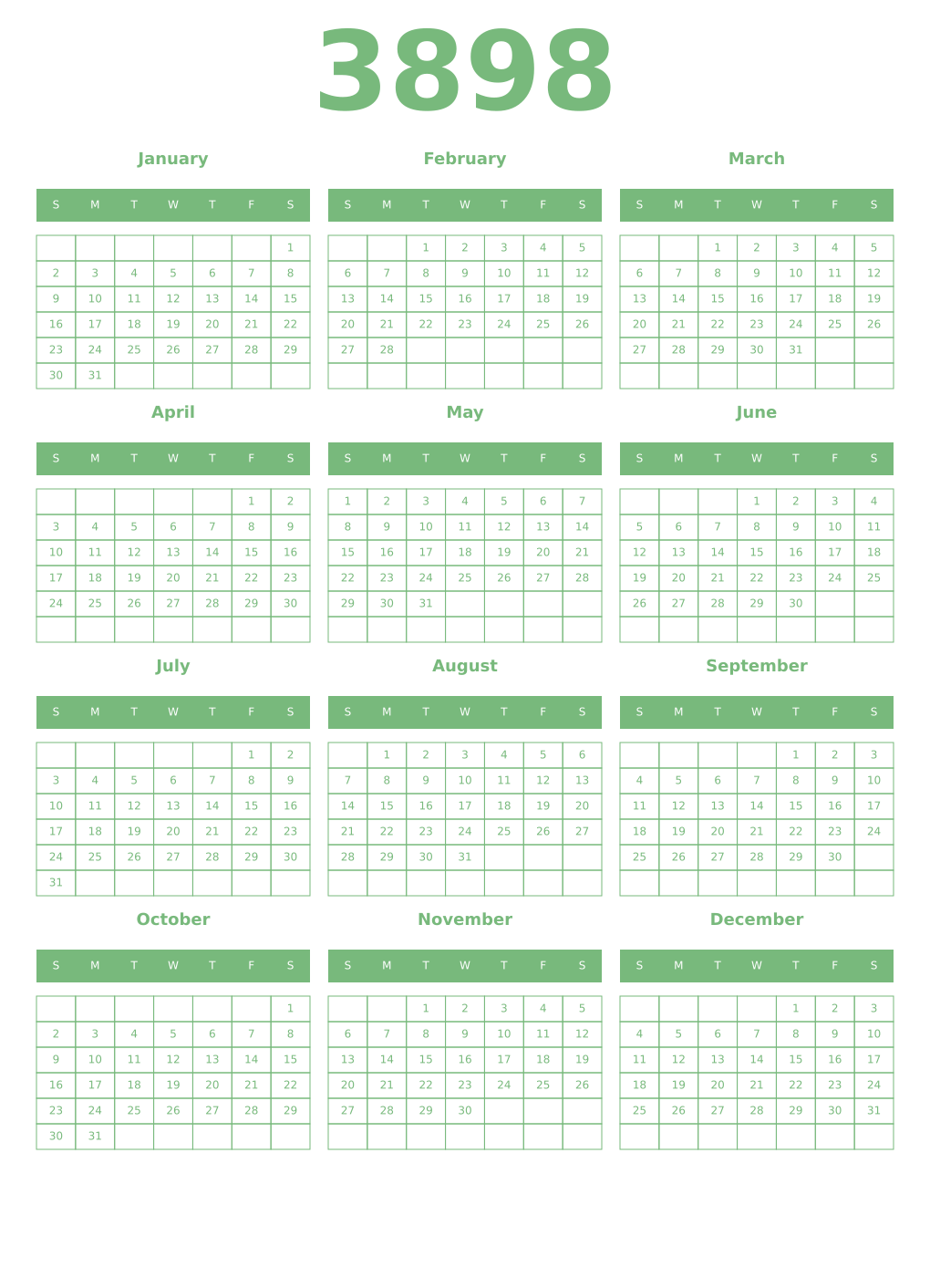 Printable 3898 Year Calendars celadon