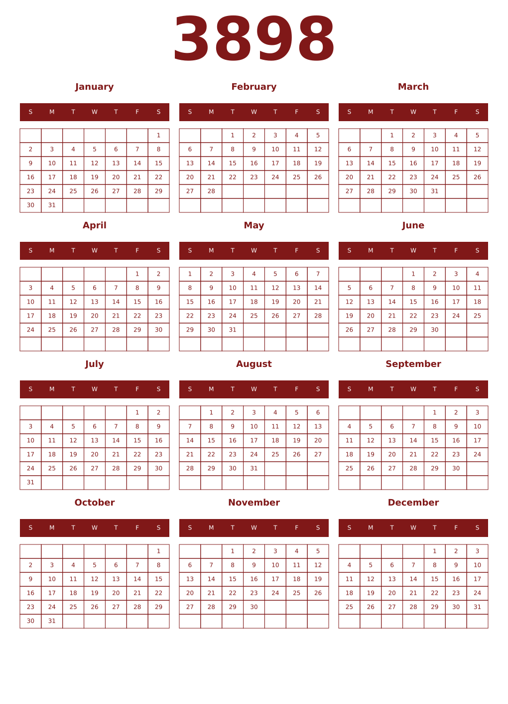 Printable 3898 Year Calendars falu
