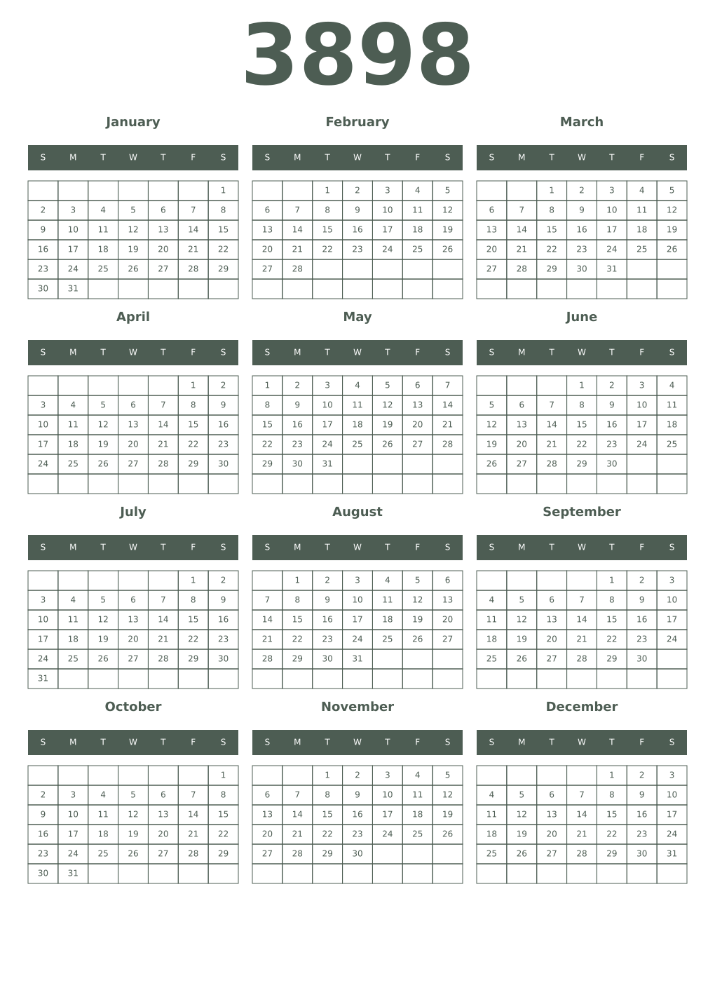Printable 3898 Year Calendars feldgrau