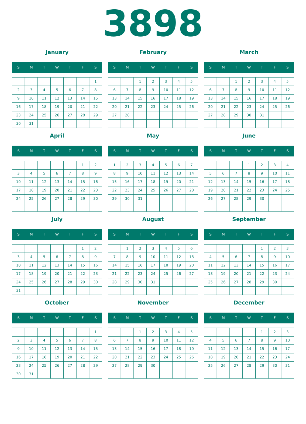 Printable 3898 Year Calendars pastel