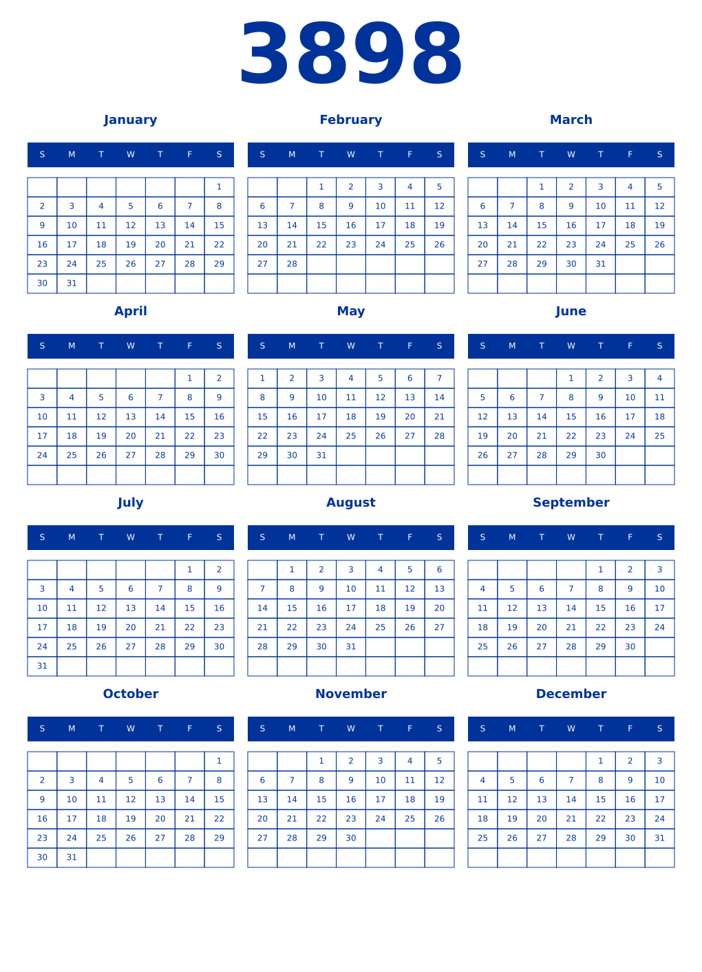 Printable 3898 Year Calendars smalt