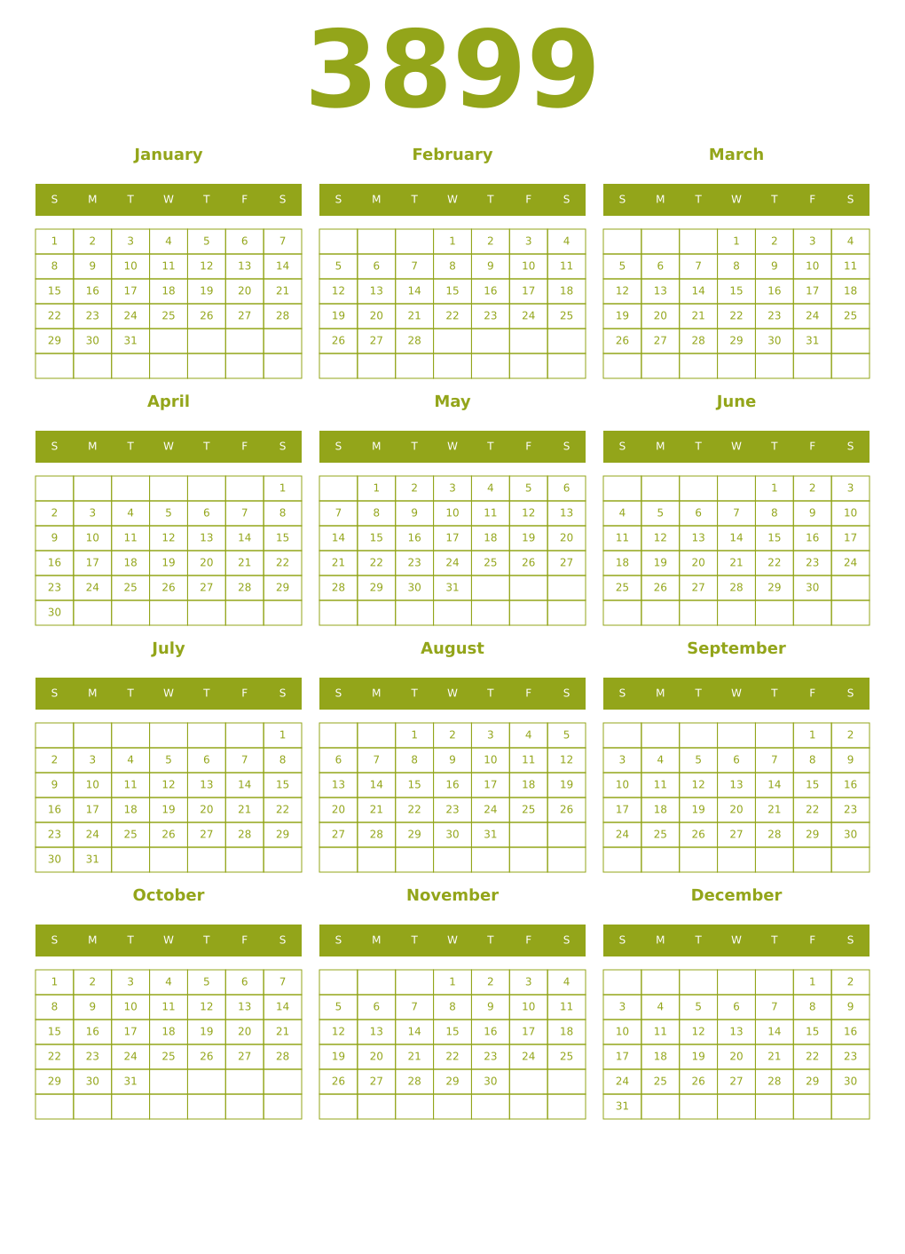 Printable 3899 Year Calendars chartreuse