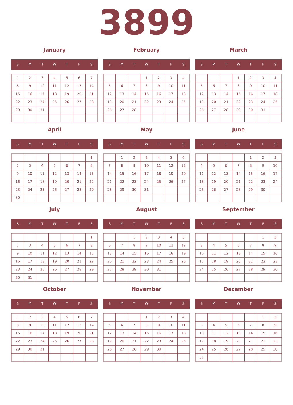 Printable 3899 Year Calendars cordovan