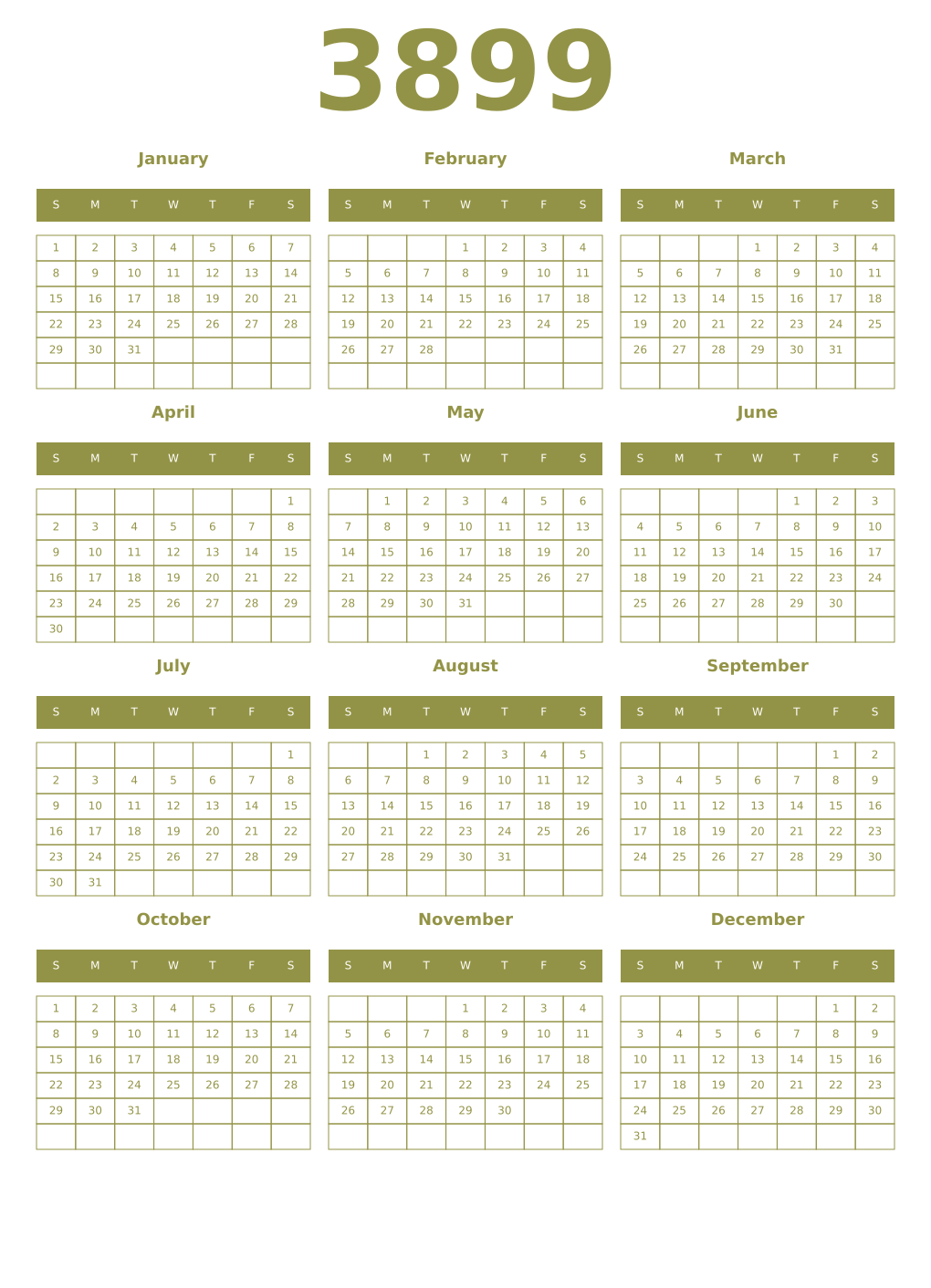 Printable 3899 Year Calendars eburnean