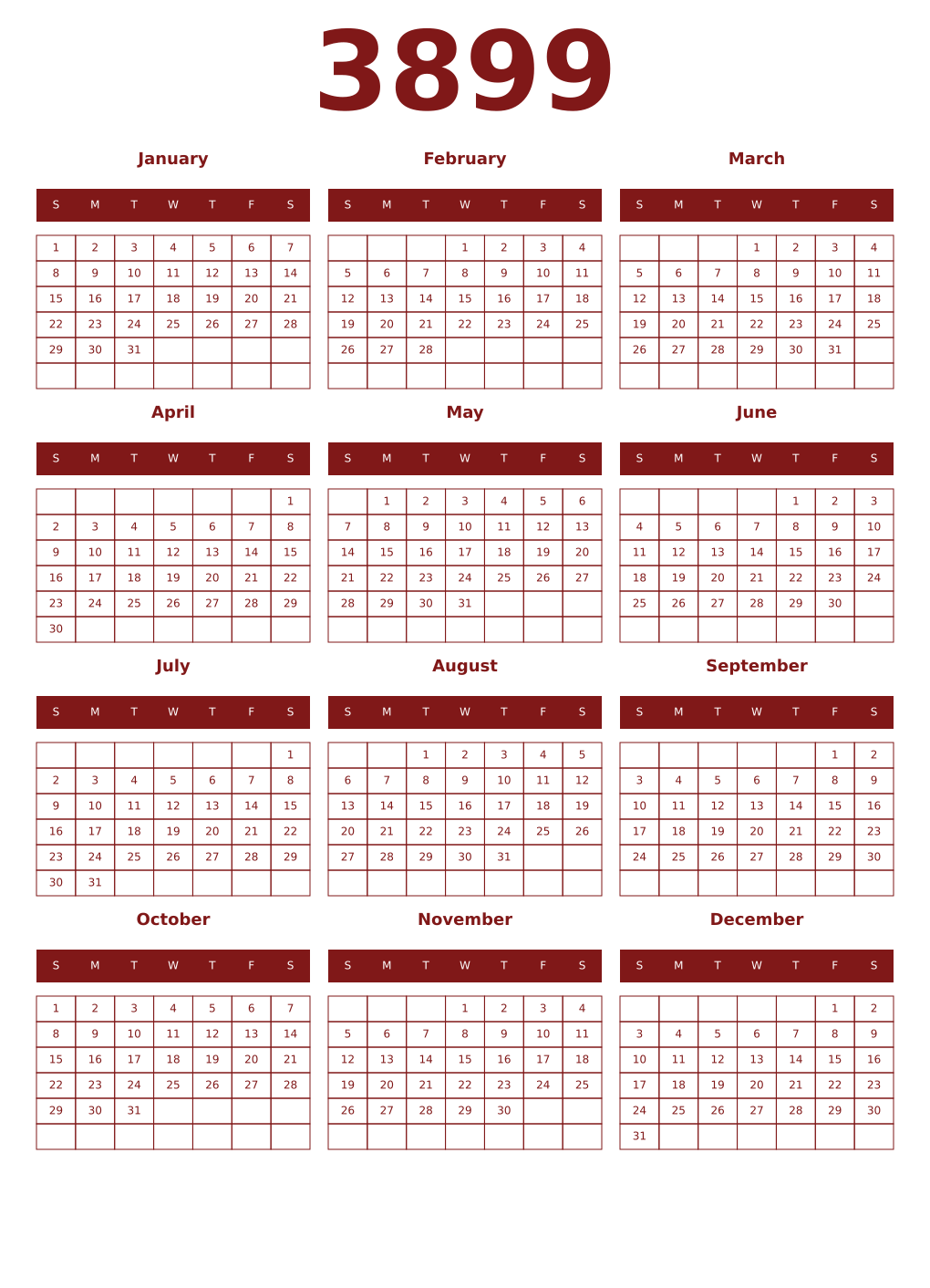 Printable 3899 Year Calendars falu