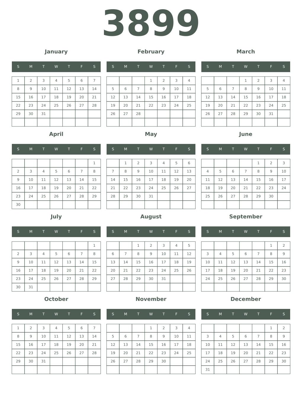 Printable 3899 Year Calendars feldgrau
