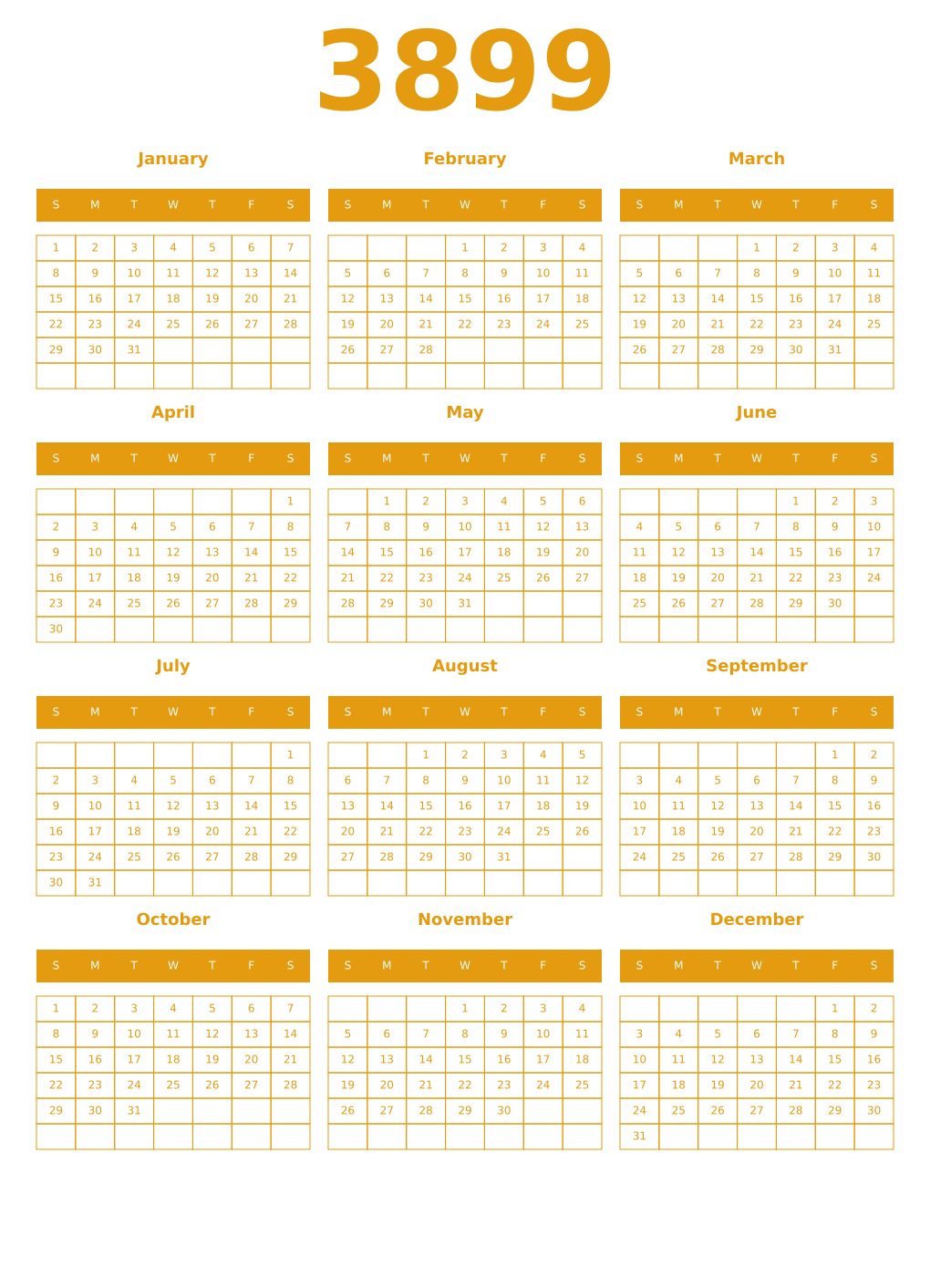 Printable 3899 Year Calendars gamboge