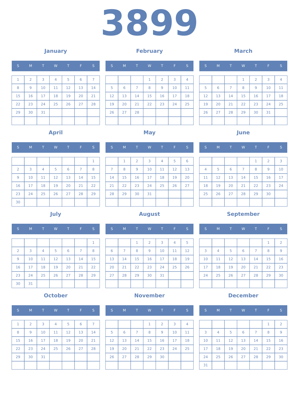 Printable 3899 Year Calendars glaucous