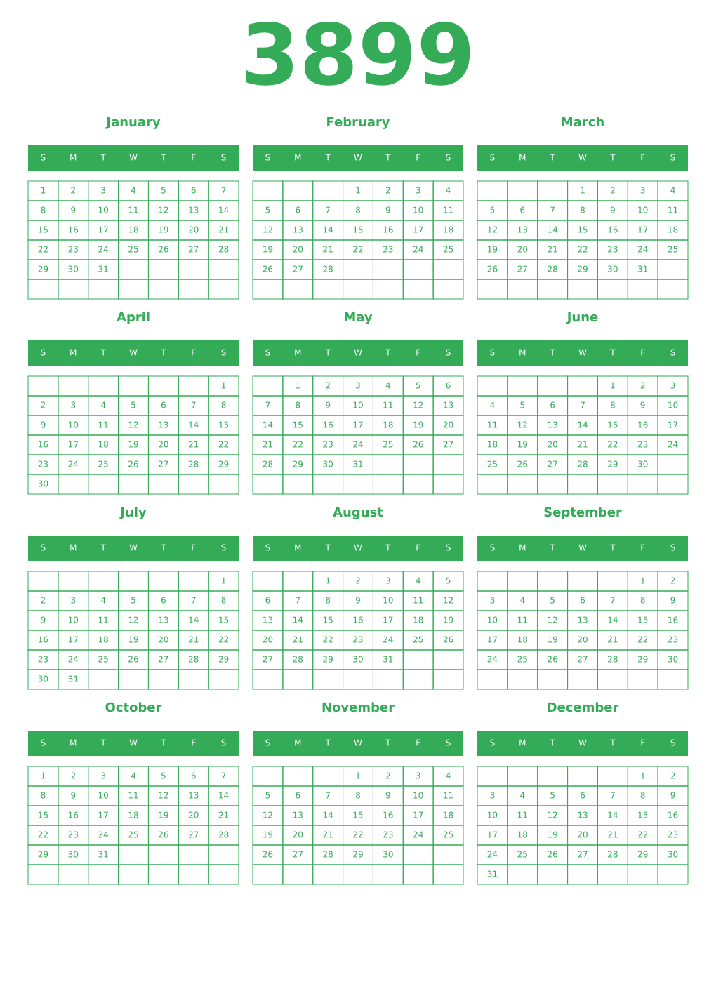 Printable 3899 Year Calendars green