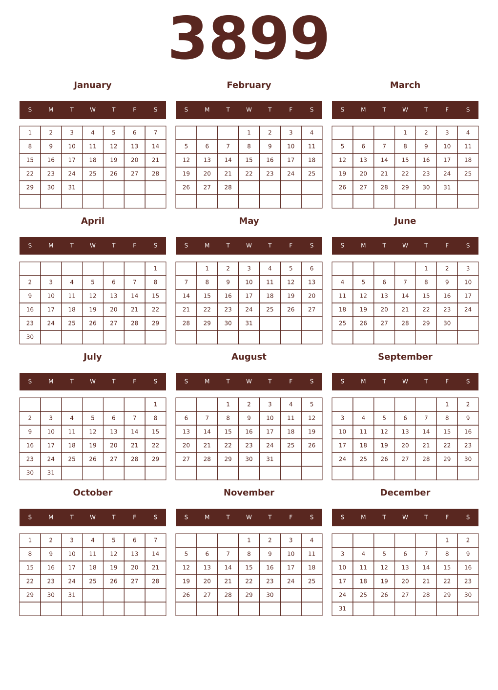 Printable 3899 Year Calendars mortuum