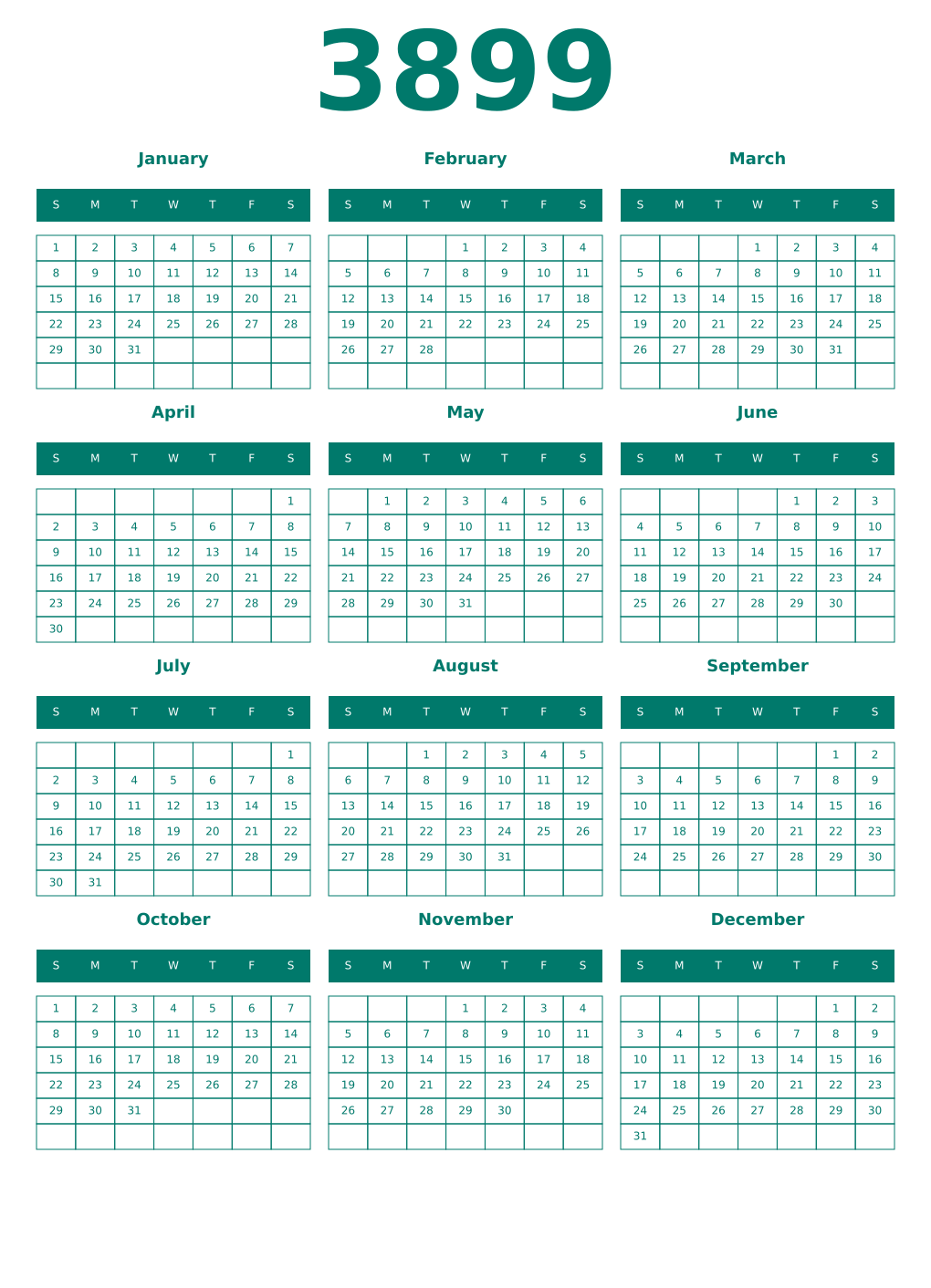 Printable 3899 Year Calendars pastel