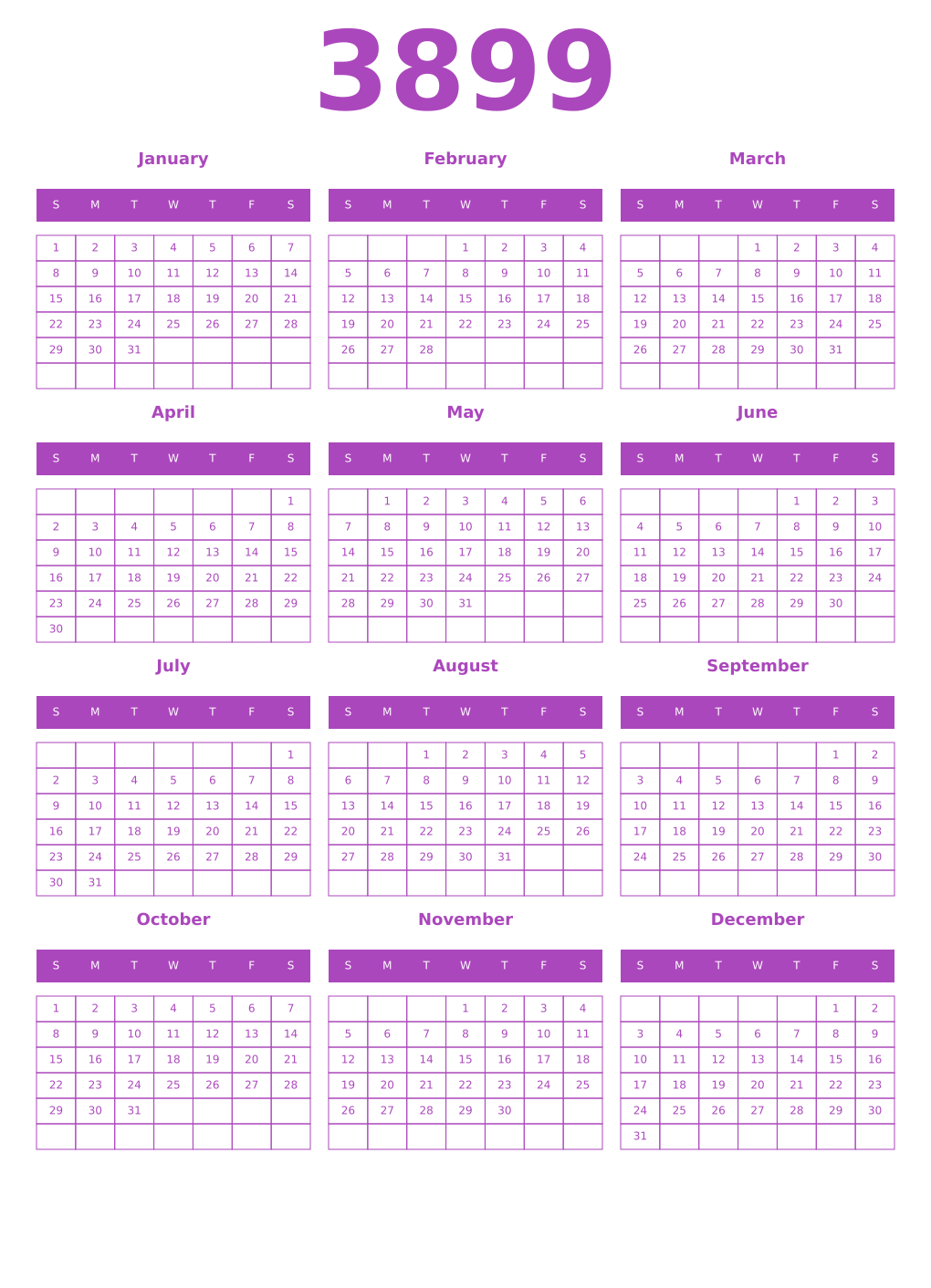 Printable 3899 Year Calendars purple